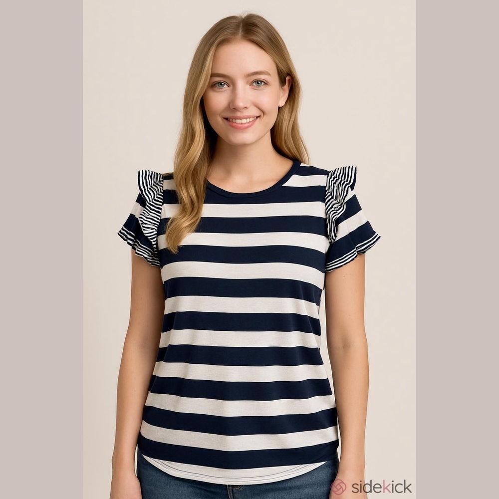 DG2 by Diane Gilman Blue and White Striped Top Shirt Tee Size XS Flutter Sleeve